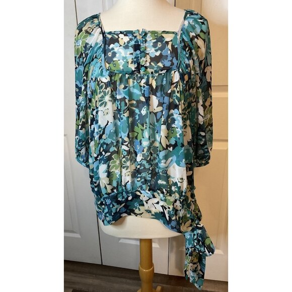 A.N.A. Sheer Floral Blue Green White Blouse Top Size Medium - Picture 1 of 6